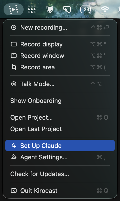 The Kirocast menu bar menu, with Set Up Claude and Agent Settings in it