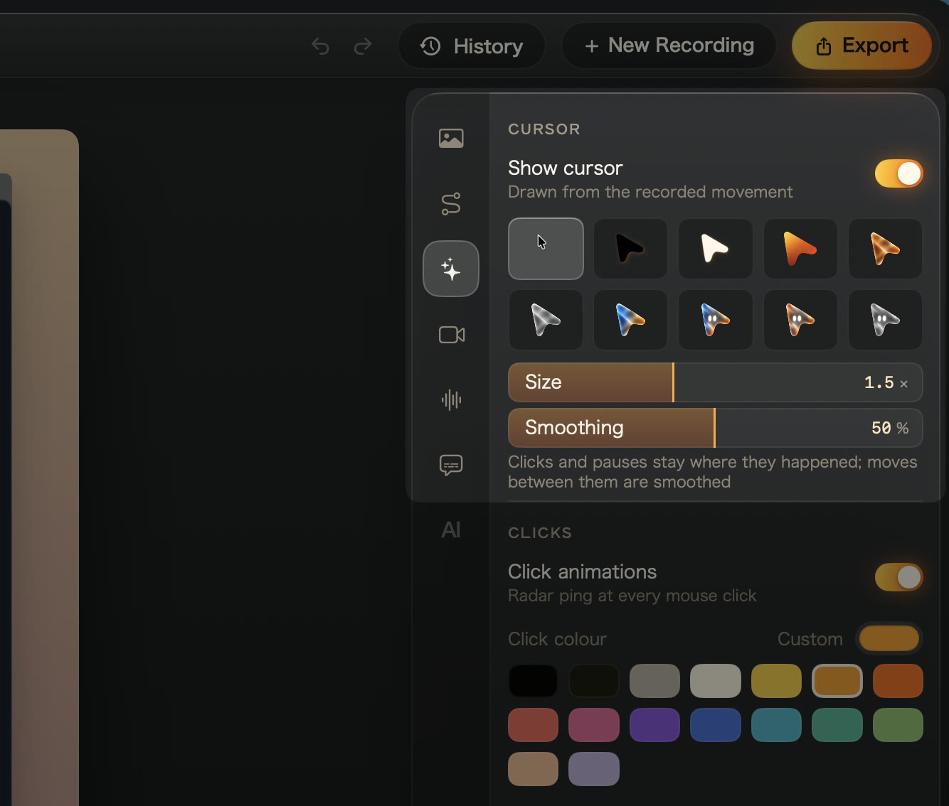 The Effects tab: Show cursor, ten pointer styles, Size at 1.5× and Smoothing at 50%, then Click animations and Click colour