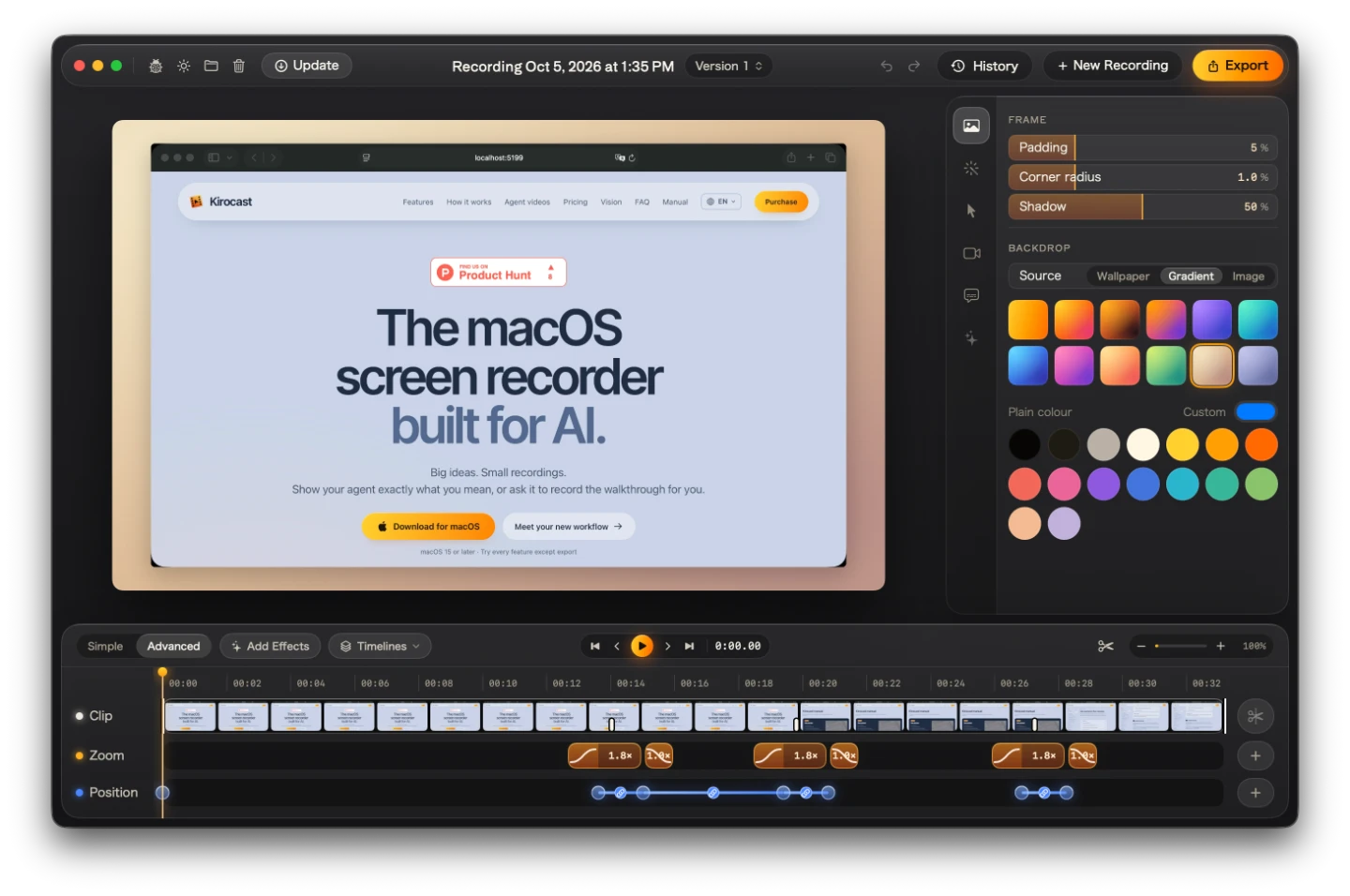 The Kirocast editor with the recording in its frame, the Frame and Backdrop settings, and Clip, Zoom and Position timelines