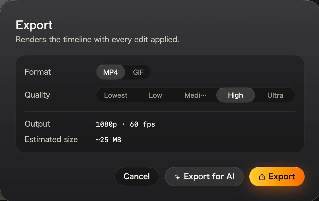 The Export sheet with Format set to MP4 and Quality to High: 1080p at 60 fps, about 25 MB