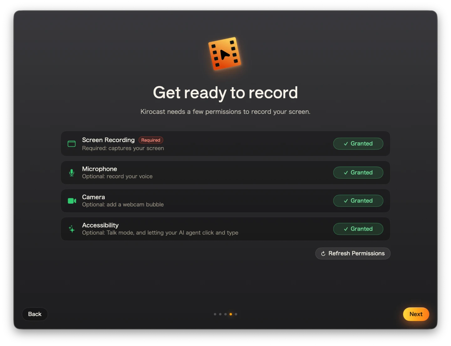 The Get ready to record page, with Screen Recording marked Required and Microphone, Camera and Accessibility optional, all four Granted