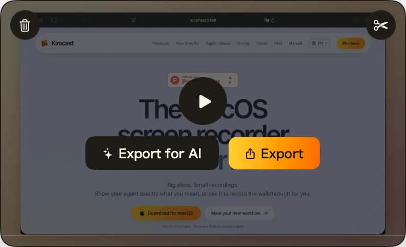 The preview card after a recording, with Export for AI and Export buttons, a bin at the top left and scissors at the top right
