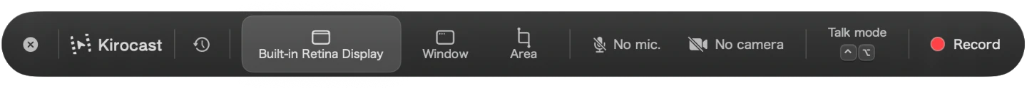 The recording bar with Display, Window and Area sources and a red Record button