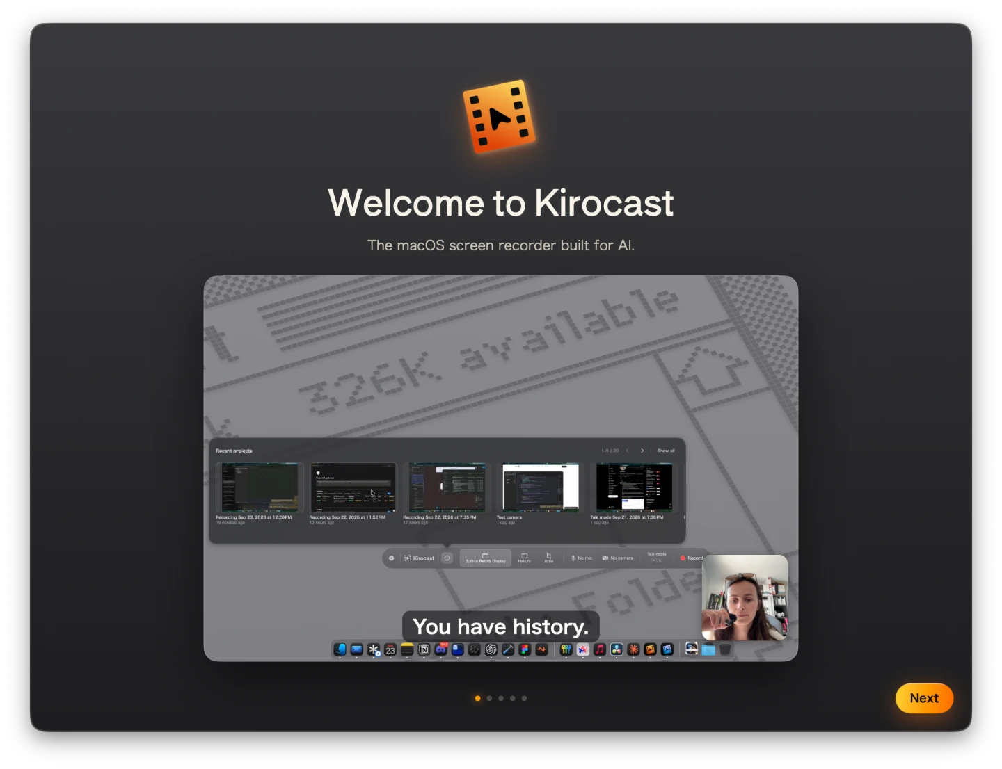 The Kirocast welcome window: Welcome to Kirocast, the macOS screen recorder built for AI