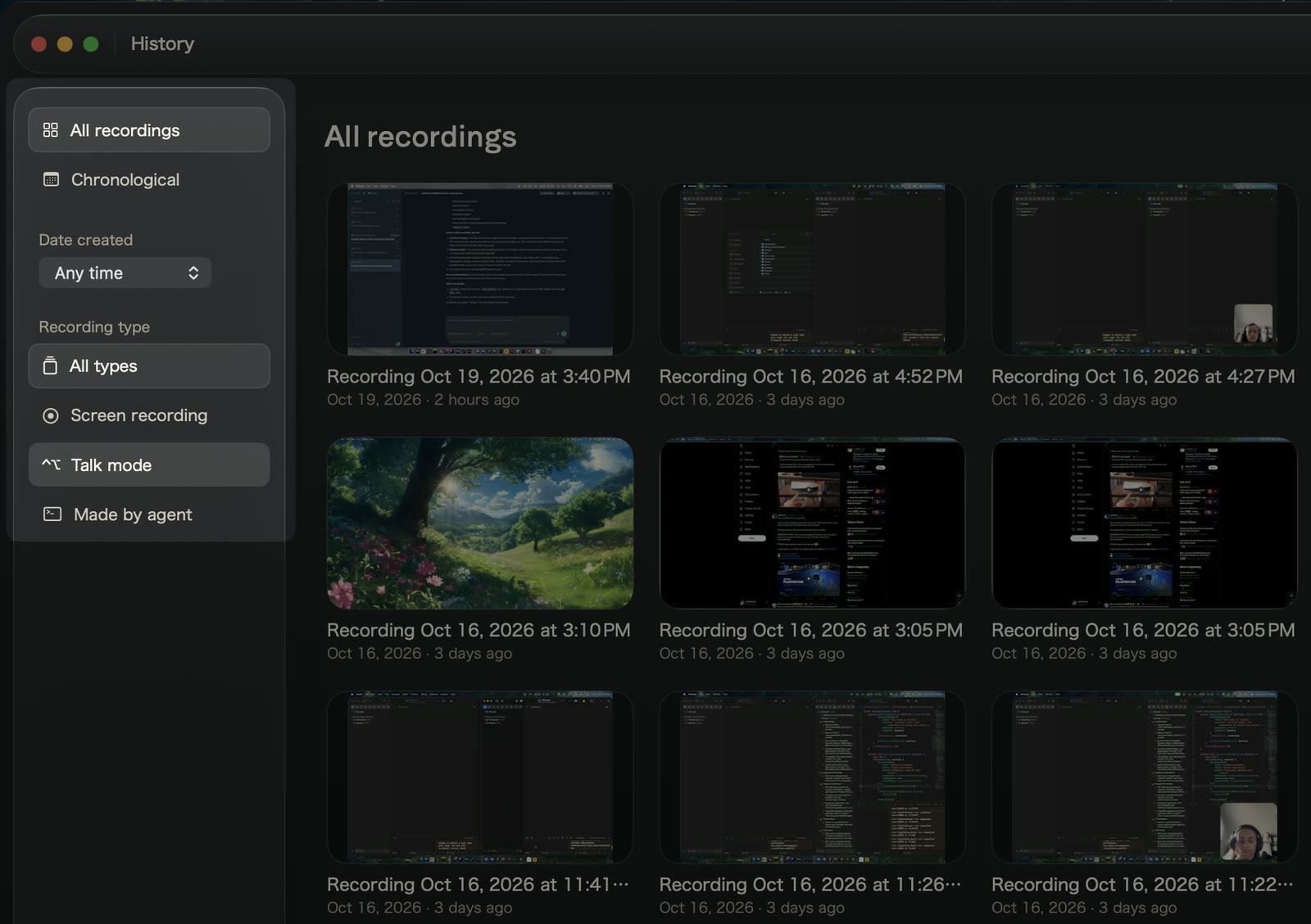 The History sidebar with Date created and Recording type filters: All types, Screen recording, Talk mode, Made by agent