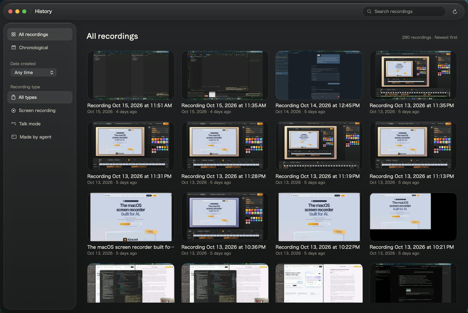 The History window: a grid of recordings with dates, filters on the left and search at the top