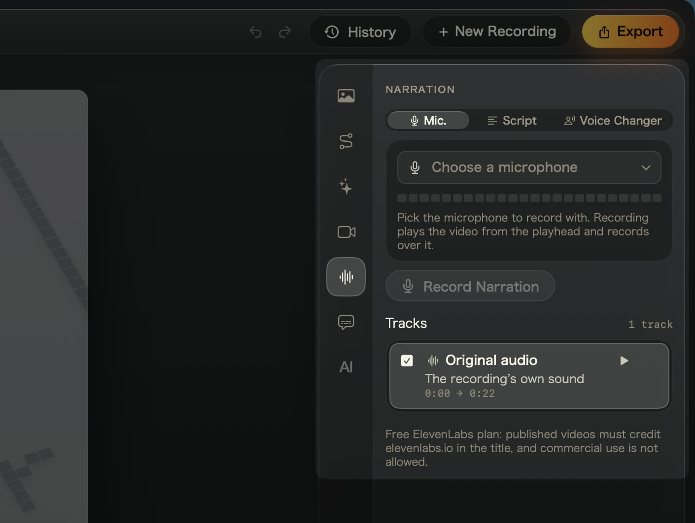The Audio tab with Mic. selected, a microphone menu, Record Narration and the Original audio track