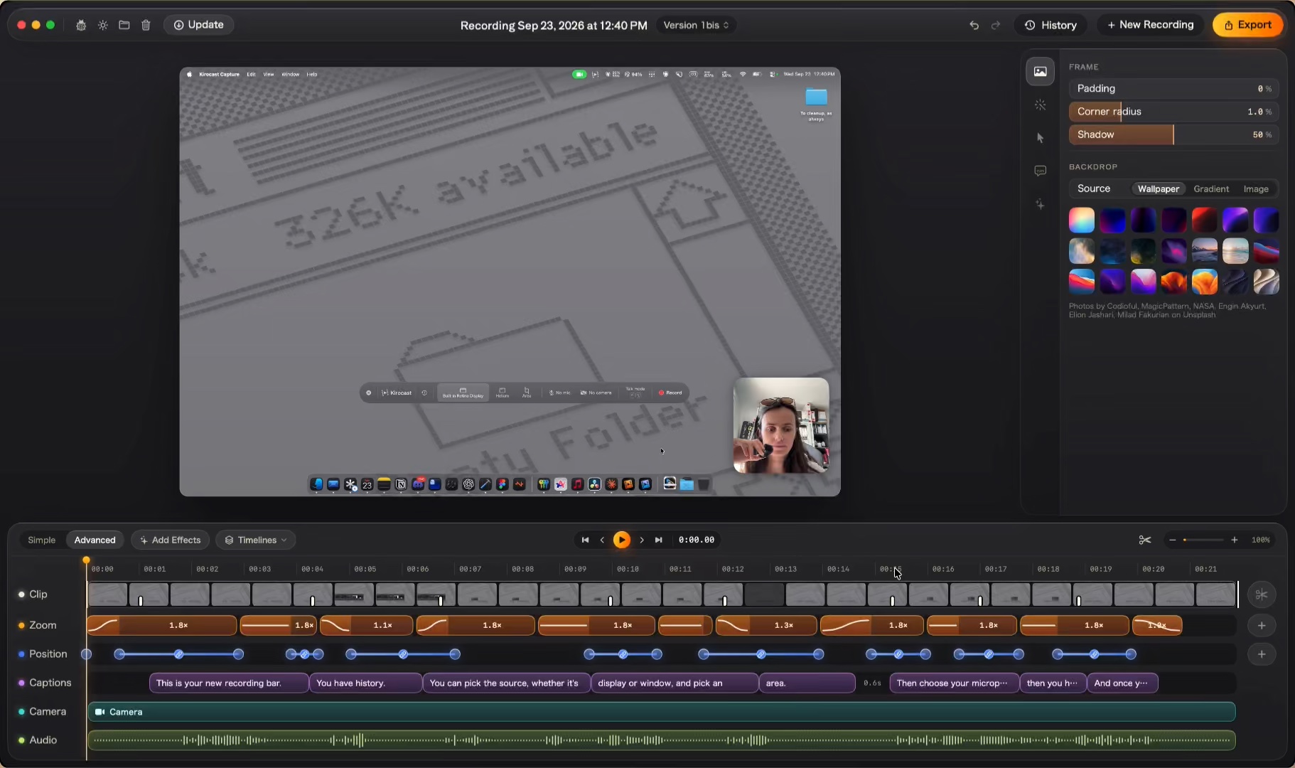 The Kirocast editor in Advanced mode, with the Frame tab open and six timelines under the preview