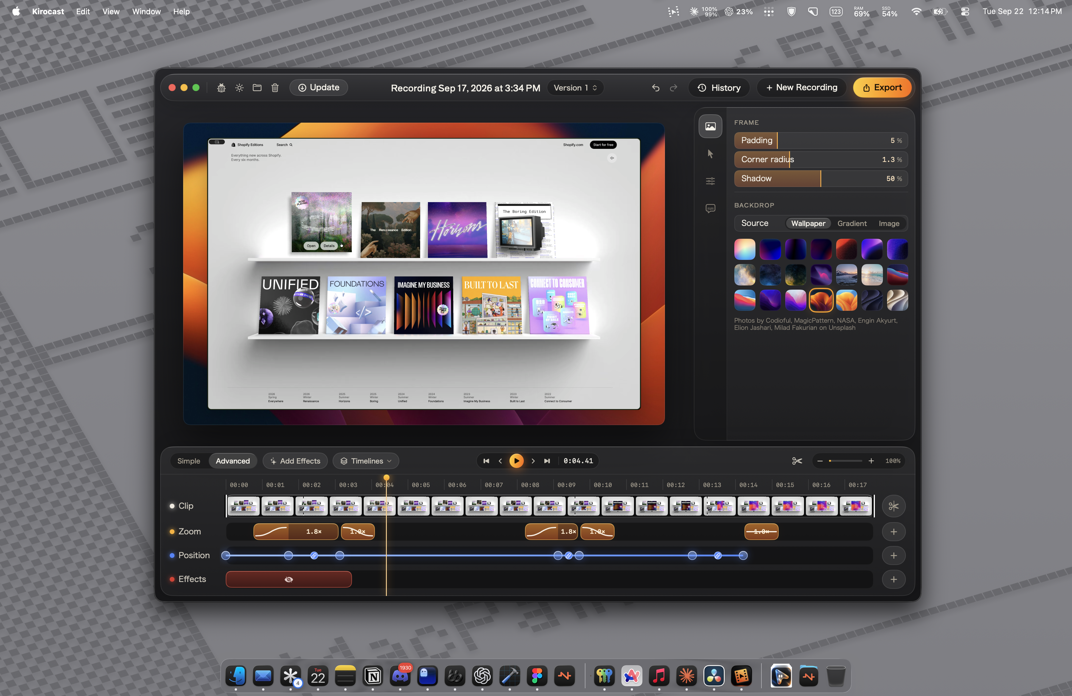 The Kirocast editor on a macOS desktop, with a recording preview, background controls, and editing timeline