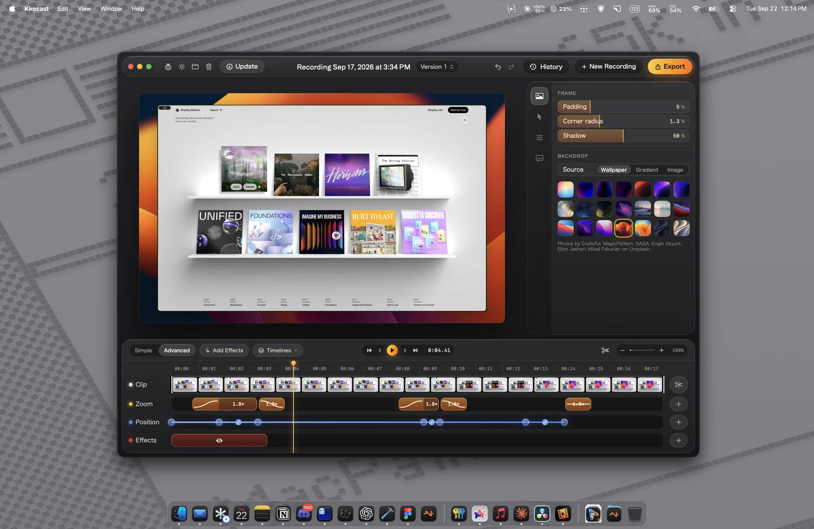The Kirocast editor on a macOS desktop, with a recording preview, background controls, and editing timeline