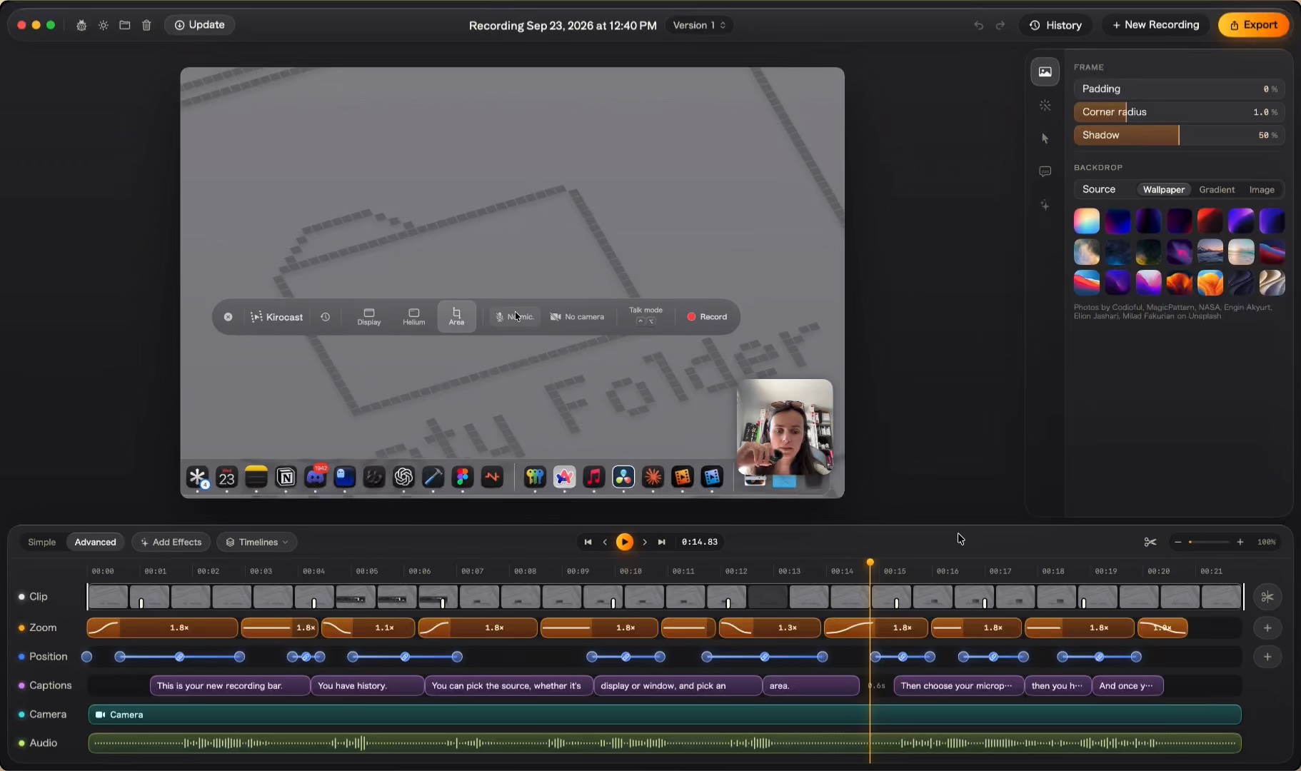 The Kirocast editor with a row of caption blocks on the timeline, between Position and Camera
