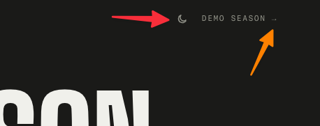 A web page screenshot with red and orange arrows pointing at a theme toggle and a navigation label