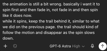 A prompt describing how an interface animation should spin with a trail before fading in